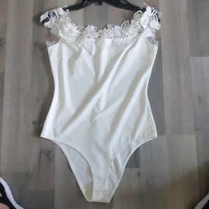 One piece, off-shoulder, white floral design